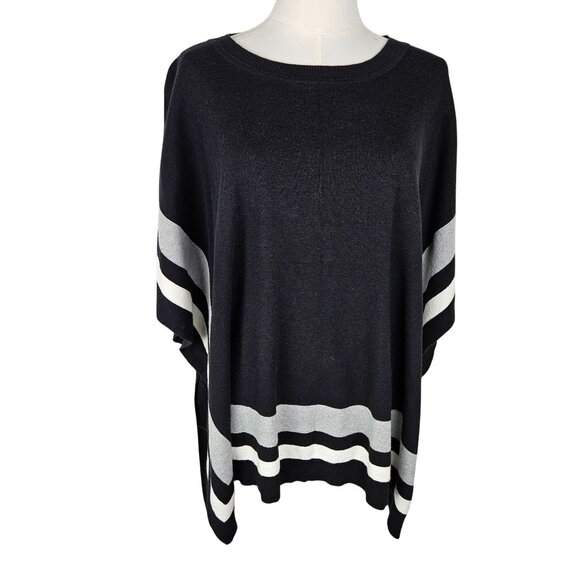 Talbots Black & White Stripe Crewneck Poncho Sweater Medium Large - Picture 2 of 8